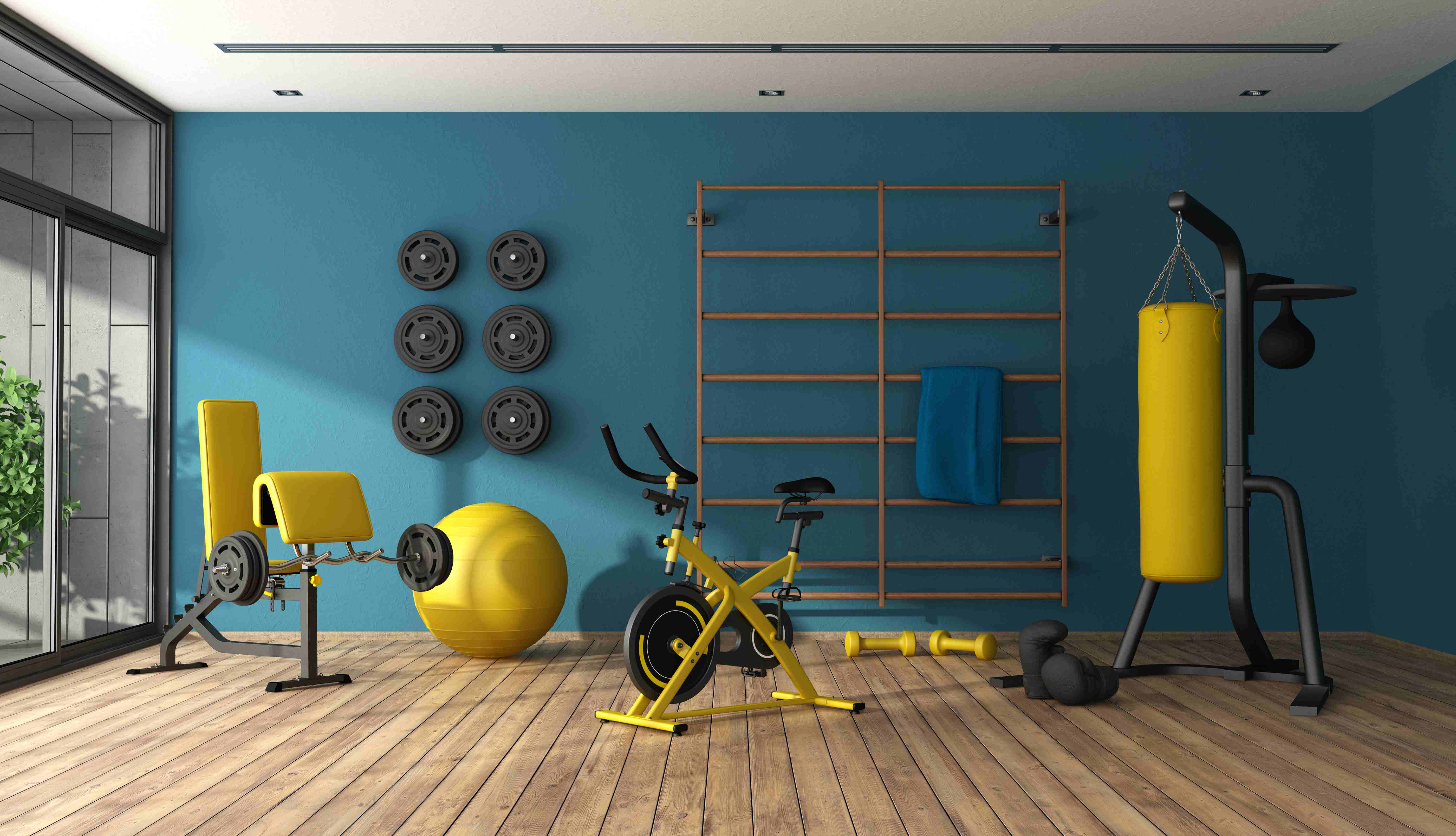 Home gym with black and yellow fitness equipment