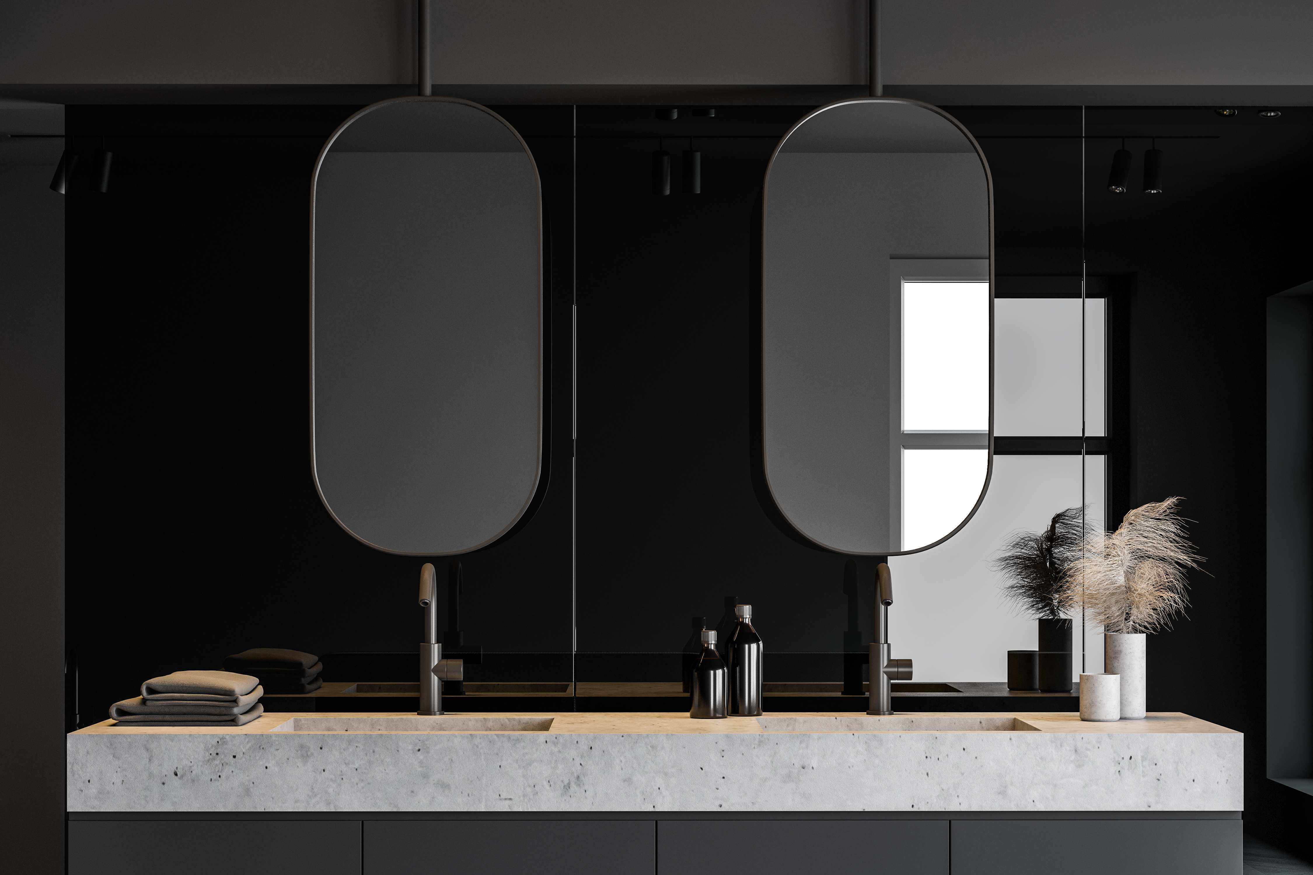 Double sink with accessories in black and grey bathroom