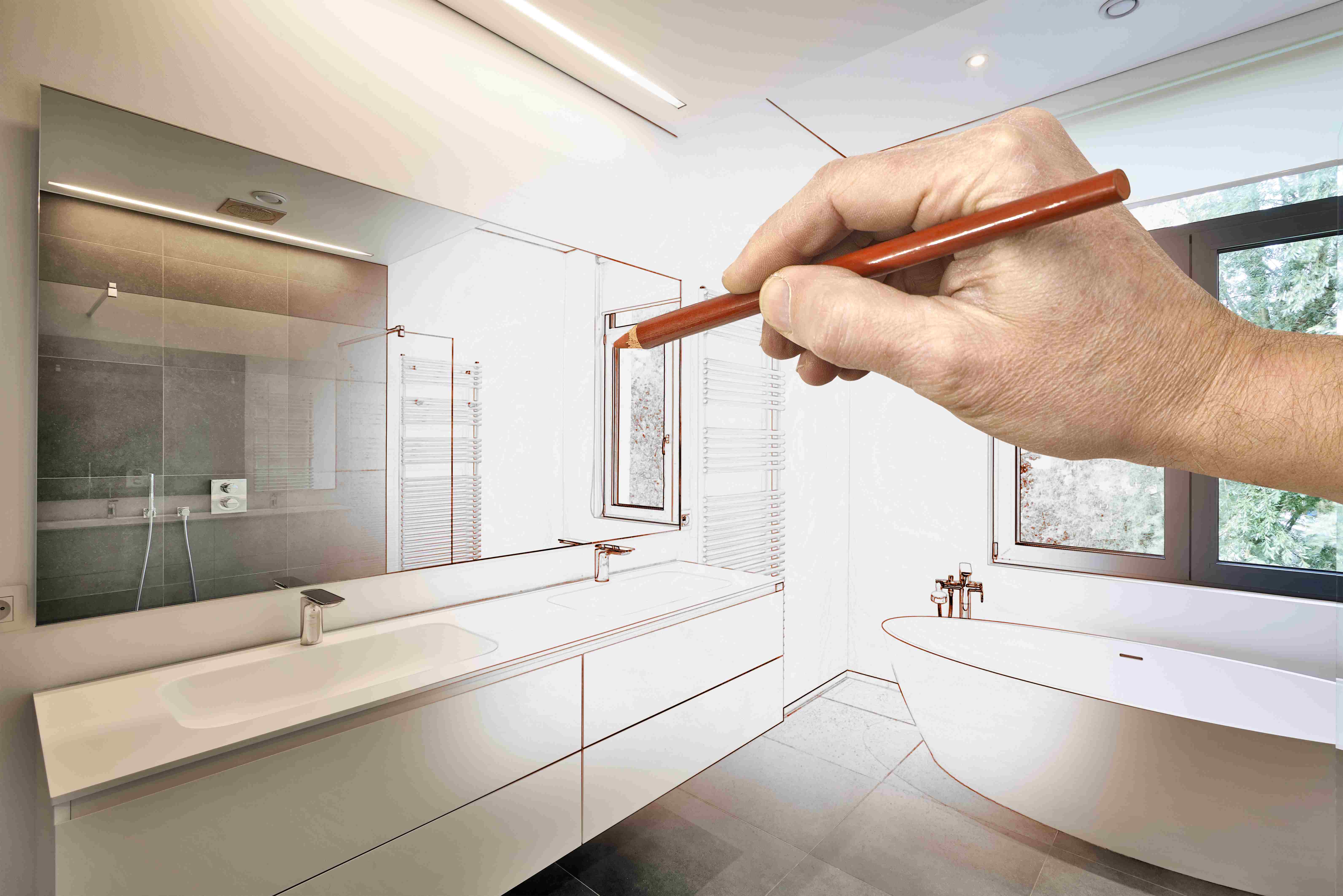 Custom bathroom drawing transitioning to photo