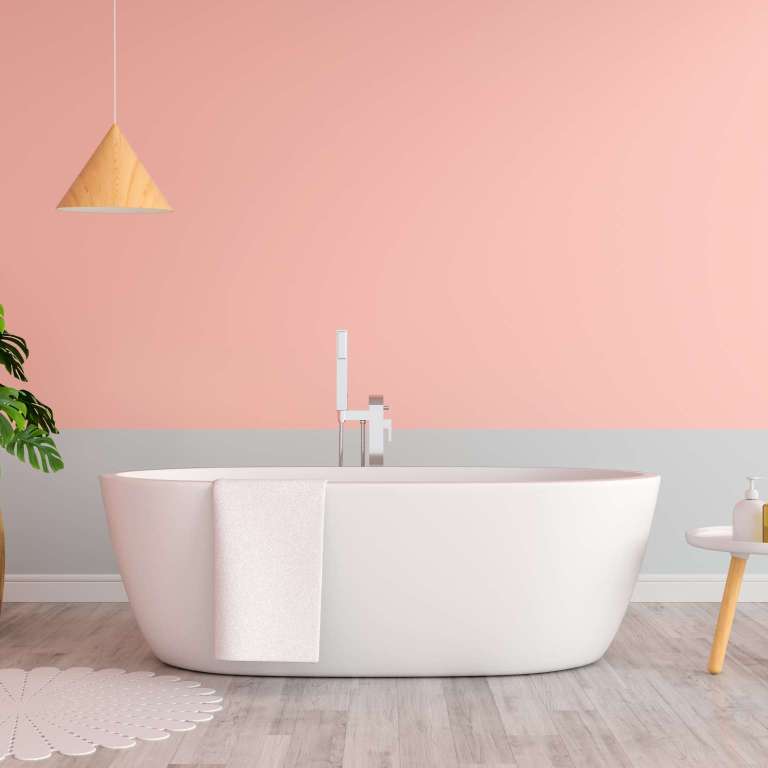Pink bathroom interior bathtub, 3D rendering